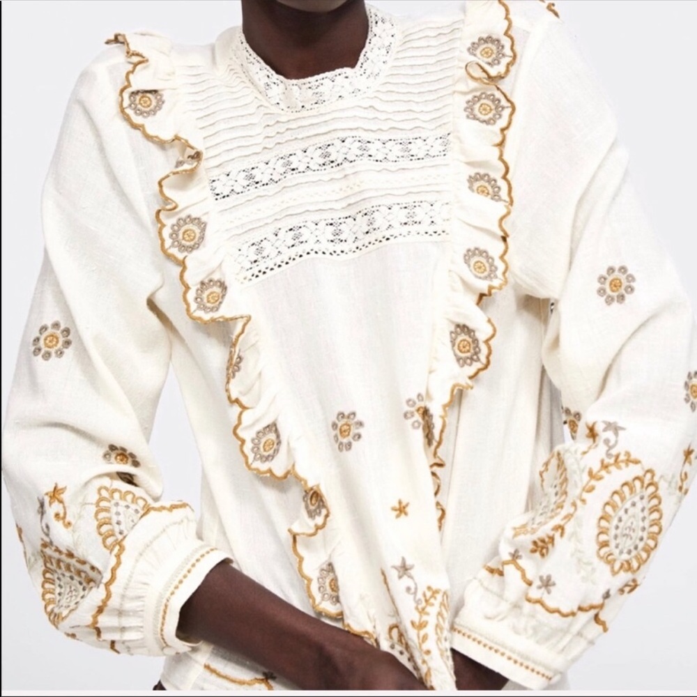 Zara Regina Ruffled Embroidered Blouse